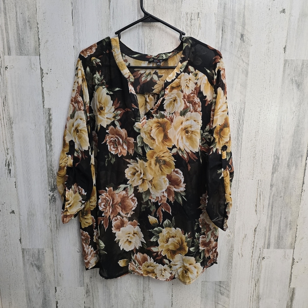 Cleo Sheer Rose Print Blouse Womens Plus Size 2X